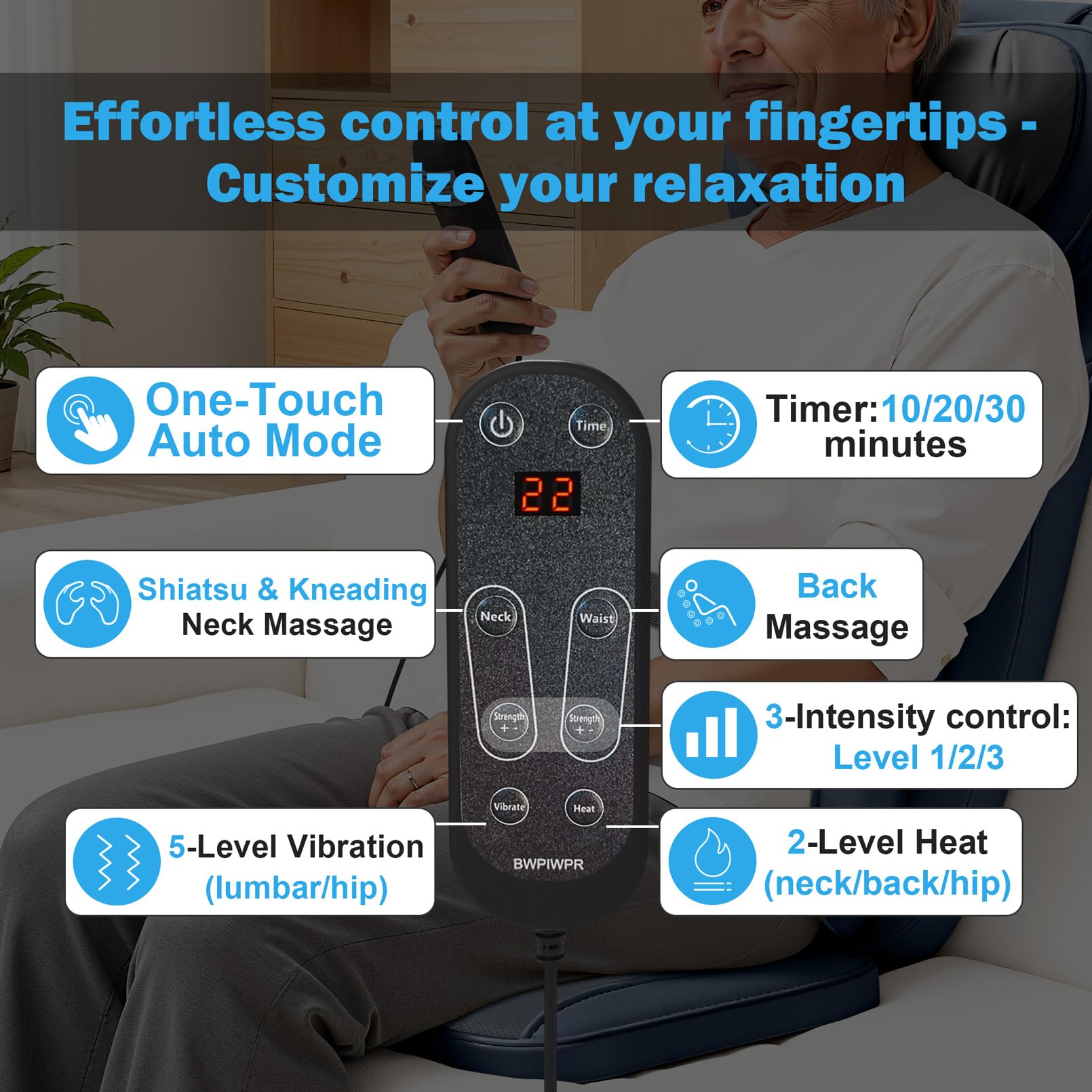Shiatsu Neck Back Massage Cushion with Heat - 4D Kneading Massager w/Vibration, Dual-Neck Design, Adjustable Intensity/Height, Ease Muscle Tightness from Long Sitting, for Office, Home, Blue