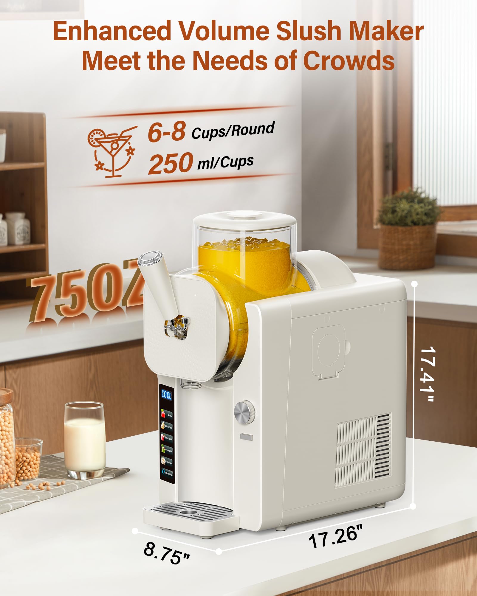 Slush Machine & Ice Cream Maker Machine 2-IN-1, 6 Modes for Smoothies, Milkshakes, Cocktails, Margarita, and Ice Cream, Double-Layer Tank, With Ice Cream Cone Holder, Self-Cleaning, For Home Use