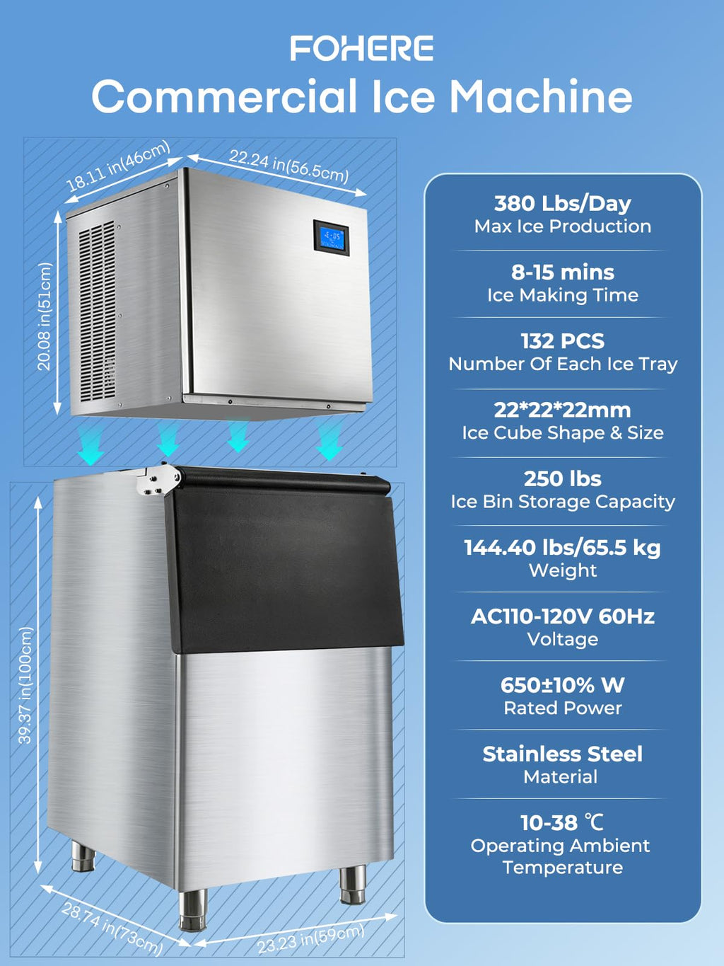 Commercial Ice Maker Machine 380LBS/24H, 250LBS Stainless Steel Storage Bin, 132 Ice Cubes in 8-15min, Self-Cleaning, Air Cooled Ice Machine with Touchscreen for Bar Business Restaurant Cafe (380 lbs)