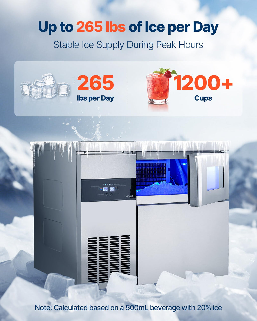 VEVOR Commercial Ice Maker Machine, 330 lbs/24H Stainless Steel Ice Machine with Worktop, 88 lbs Storage & 144 Cubes/Cycle, Self-Cleaning Freestanding Ice-Making for Home Bar Office Restaurant Kitchen