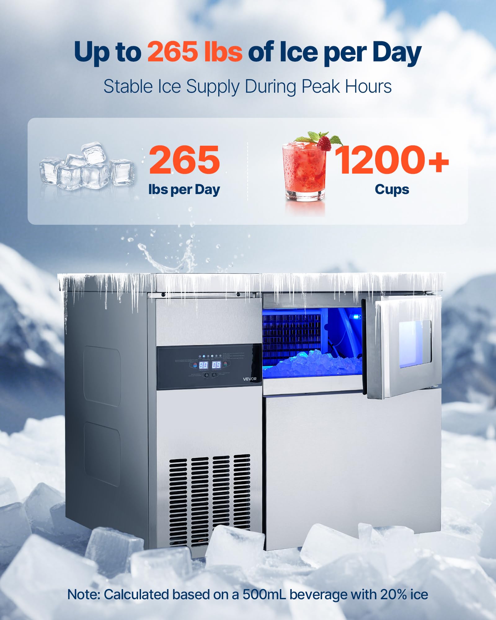 VEVOR Commercial Ice Maker Machine, 330 lbs/24H Stainless Steel Ice Machine with Worktop, 88 lbs Storage & 144 Cubes/Cycle, Self-Cleaning Freestanding Ice-Making for Home Bar Office Restaurant Kitchen