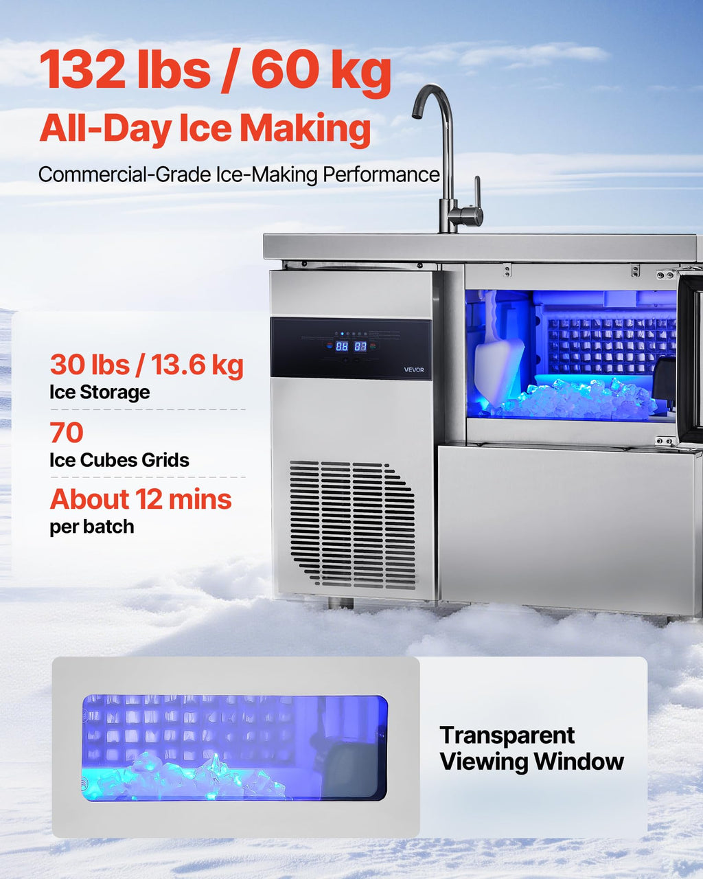 VEVOR Commercial Ice Maker Machine, 330 lbs/24H Stainless Steel Ice Machine with Worktop, 88 lbs Storage & 144 Cubes/Cycle, Self-Cleaning Freestanding Ice-Making for Home Bar Office Restaurant Kitchen