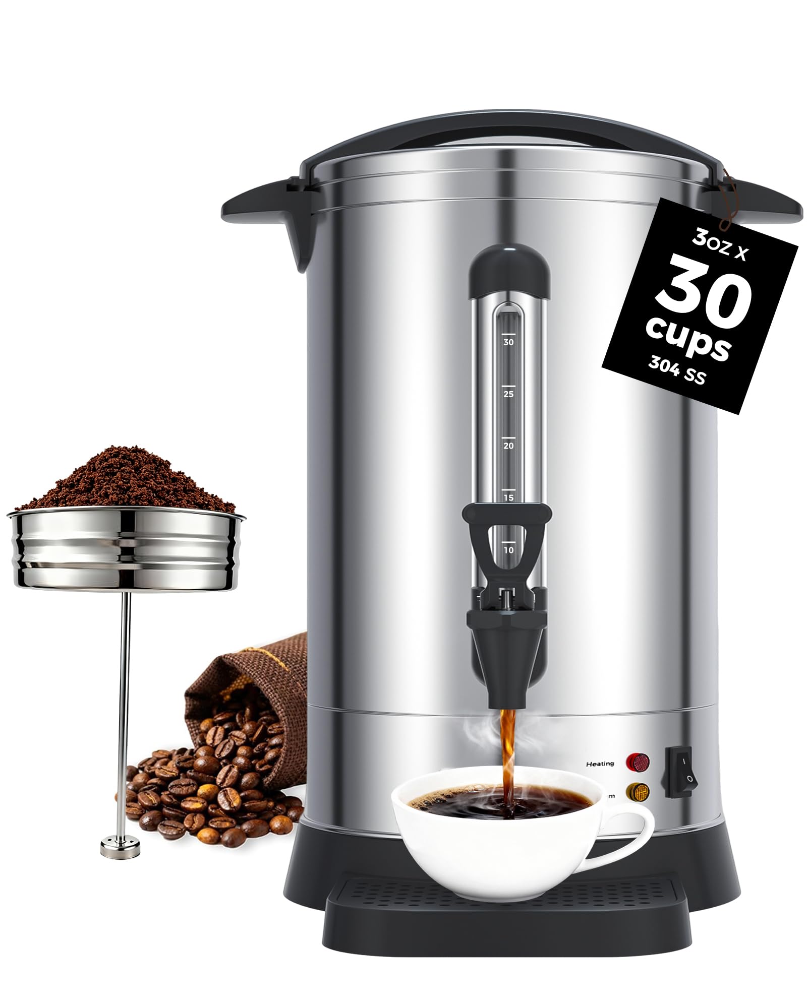 OSTBA 1500W Commercial Coffee Urn 100 Cup / 15L Large Percolator Coffee Pot, Double-Wall 304 Stainless Steel Hot Water Dispenser, Fast Brewing Electric Coffee Maker for Catering, Parties, Offices