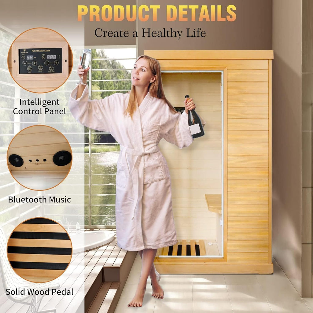 2 Person Infrared Sauna Far Infrared Sauna Room for Home Indoor 2000W Low-EMF Wood Dry Sauna with Full Starry Sky Lights Ceiling in 7 Color Speaker Fast Heating Easy Assembly- 47.3*41.3*74.8 IN