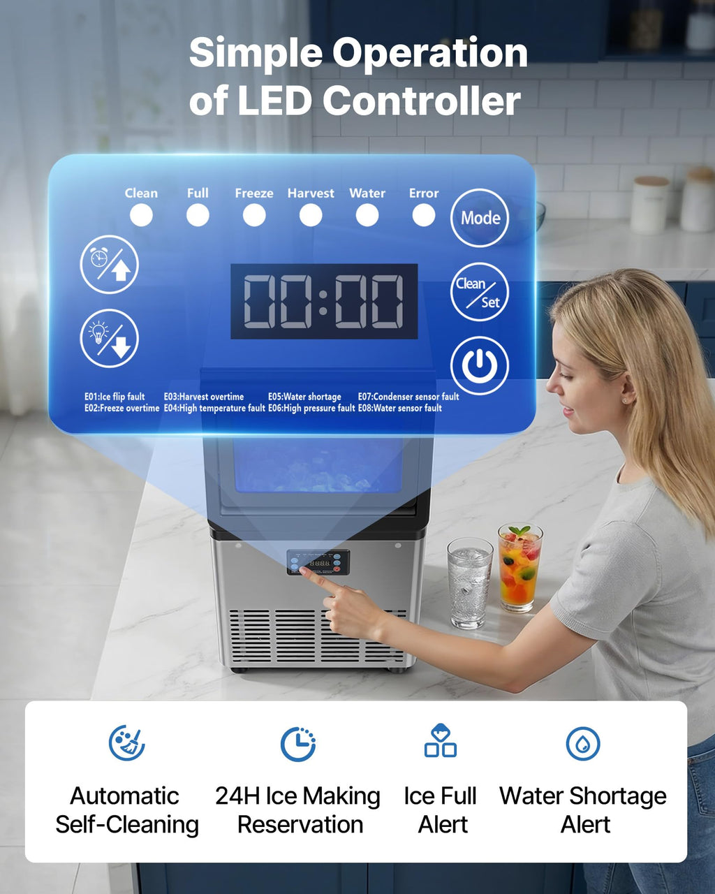 VEVOR Commercial Ice Maker Machine, 100 lbs/24h with 30-35 lbs Storage, Bullet Ice,Built-in/Freestanding/Under Counter, Stainless Steel Ice Maker with LED Display for Home Bar Restaurant