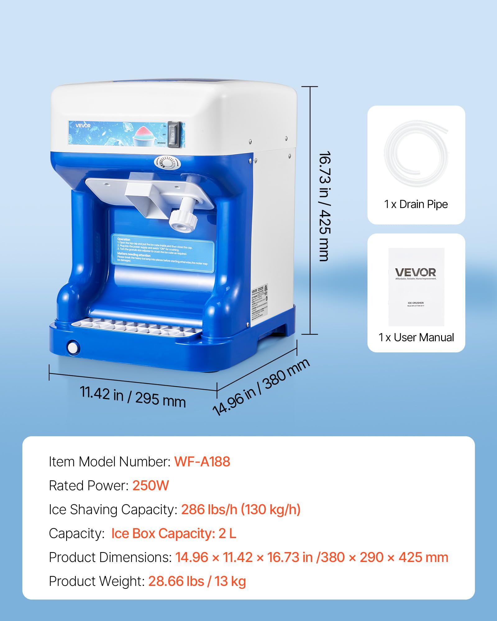 VEVOR Ice Shaver Machine Electric Snow Cone Machine, 265 LBS/H Shaved Ice Machine 250W Ice Crusher Triple Blades Tabletop Shaved Ice Maker with Adjustable Fineness for Home and Commercial Use