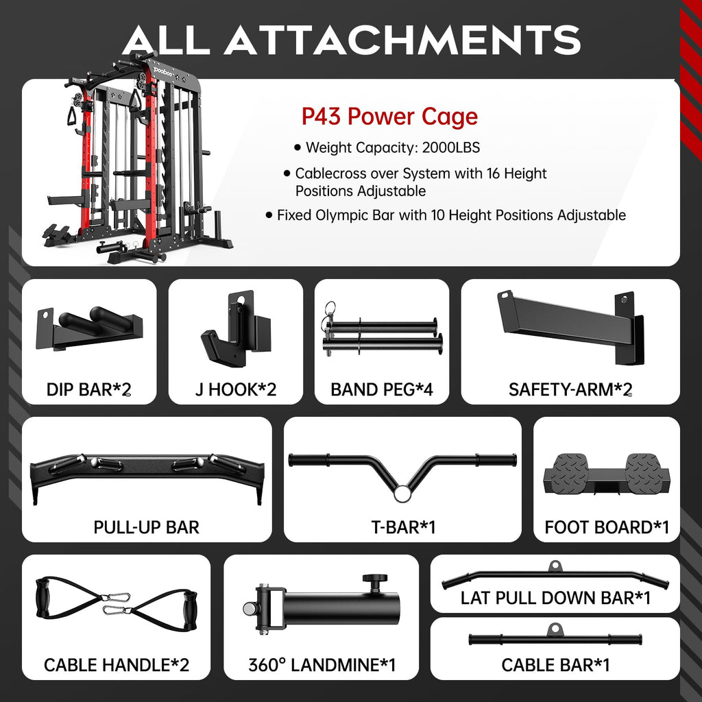 pooboo Multi-Functional Machine Power Cage, 2000LB Squat Rack, LAT-Pull Down System, Dual Pulley Cable Crossover System, Home Gym Workout Machine with Strength Training Attachments