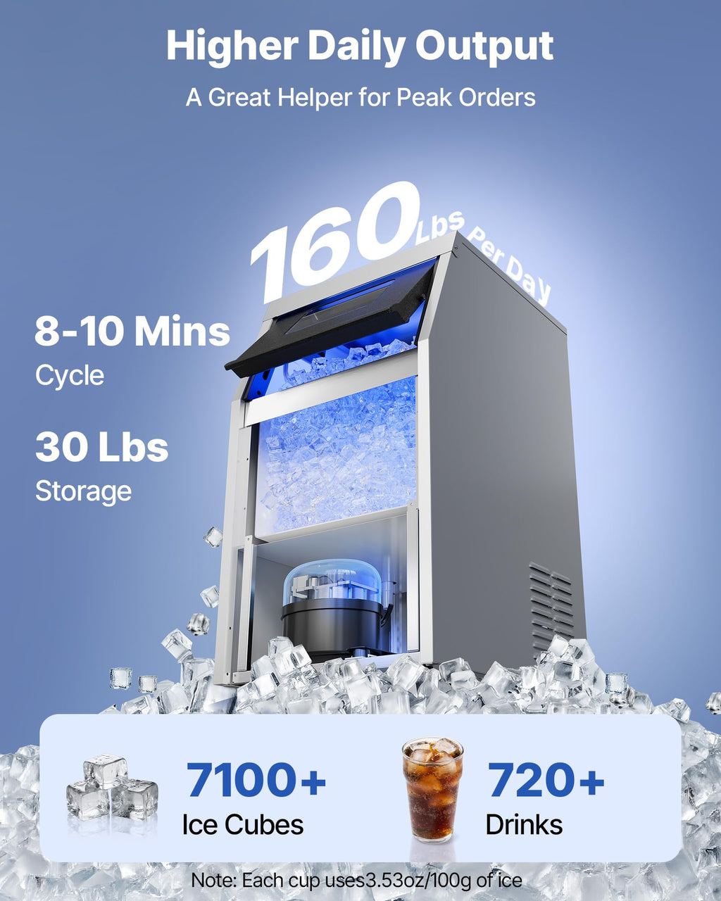 VEVOR Commercial Ice Maker Machine, 100 lbs/24h with 30-35 lbs Storage, Bullet Ice,Built-in/Freestanding/Under Counter, Stainless Steel Ice Maker with LED Display for Home Bar Restaurant