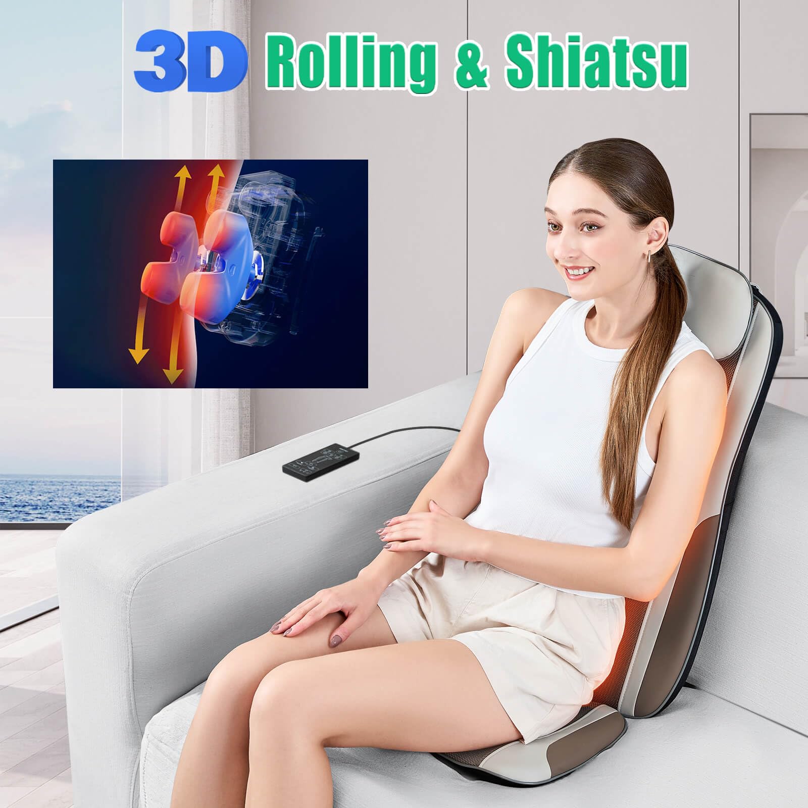 Back Massager with Heat & Traction & Vibration, Seat Massager Pad for Pain Relief Deep Tissue, Lumbar Traction, PU Leather, Foldable, for 5’ to 6’1”, Massage Chair Pad for Office Home