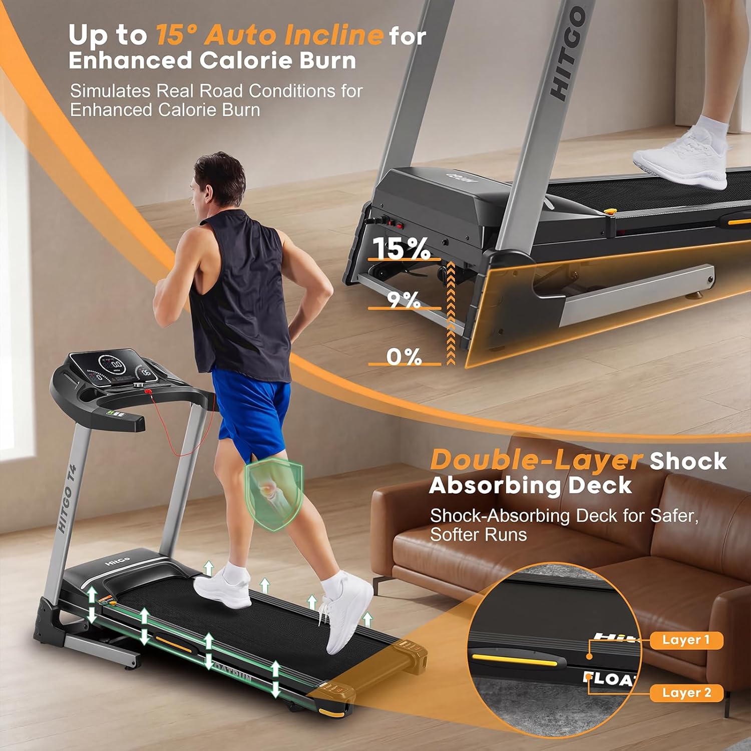 HitGo Treadmill with 15% Auto Incline,10 MPH High Speed Running Machine for Home Gym,Silent Brushless Motor,400lbs Weight Capacity,Air Cushion Shock Absorption,Bluetooth App Kinomap HitGo,Black