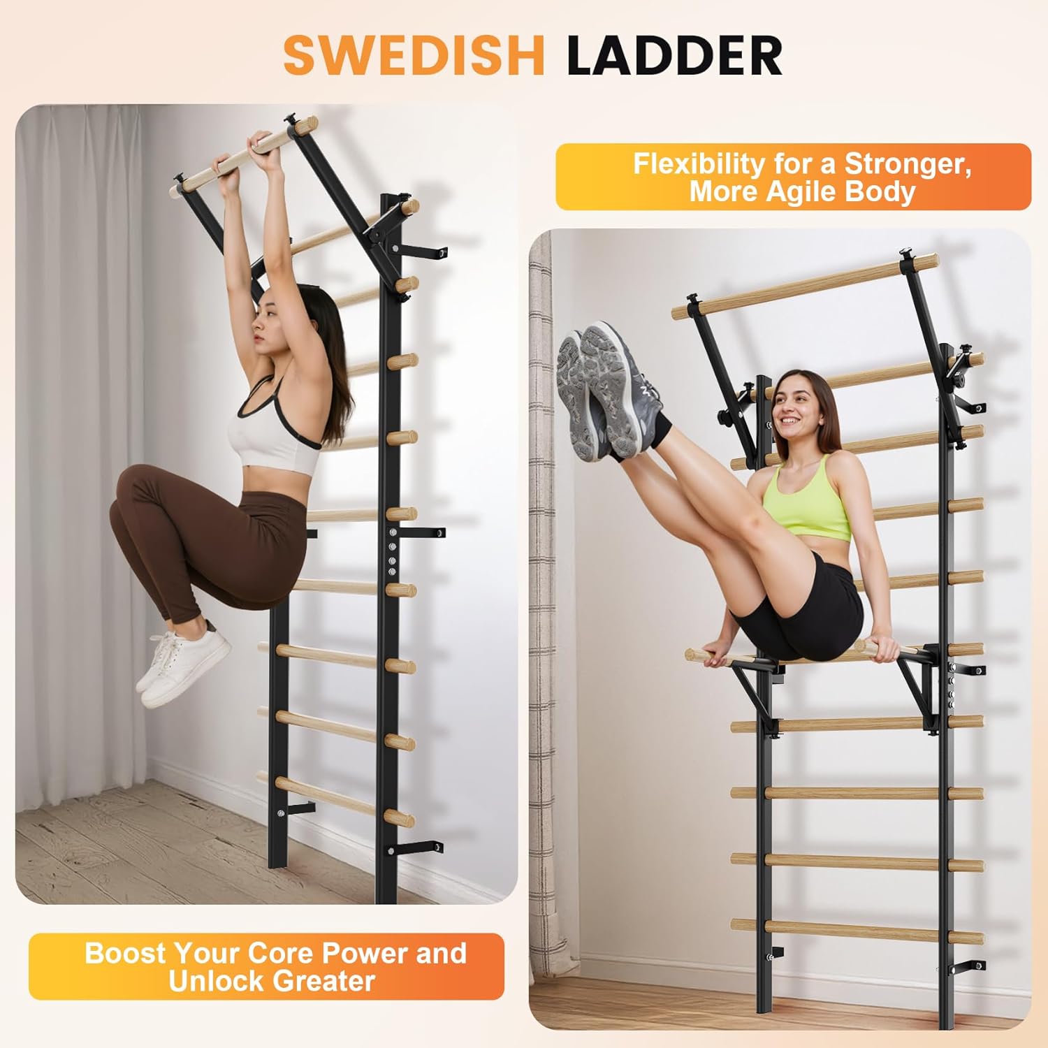 Swedish Ladder Wall Gym, Stall Bar Home Gym with Adjustable Pull-Up Bar, Dip Bar Attachments & 2pcs Resistance Band, 9 Strategic Rods for for Home, School, Hysical Therapy and Gymnastics