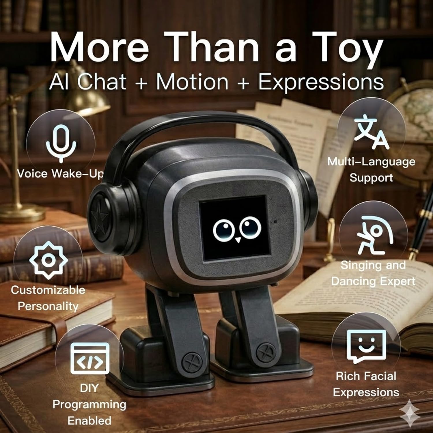 AI chatbot Robot Companion and smart Interactive Toy Featuring Voice Chat, Facial Expressions, Dancing and Music, Complete with a complimentary Outfit—Making it the Ideal Gift (Black)