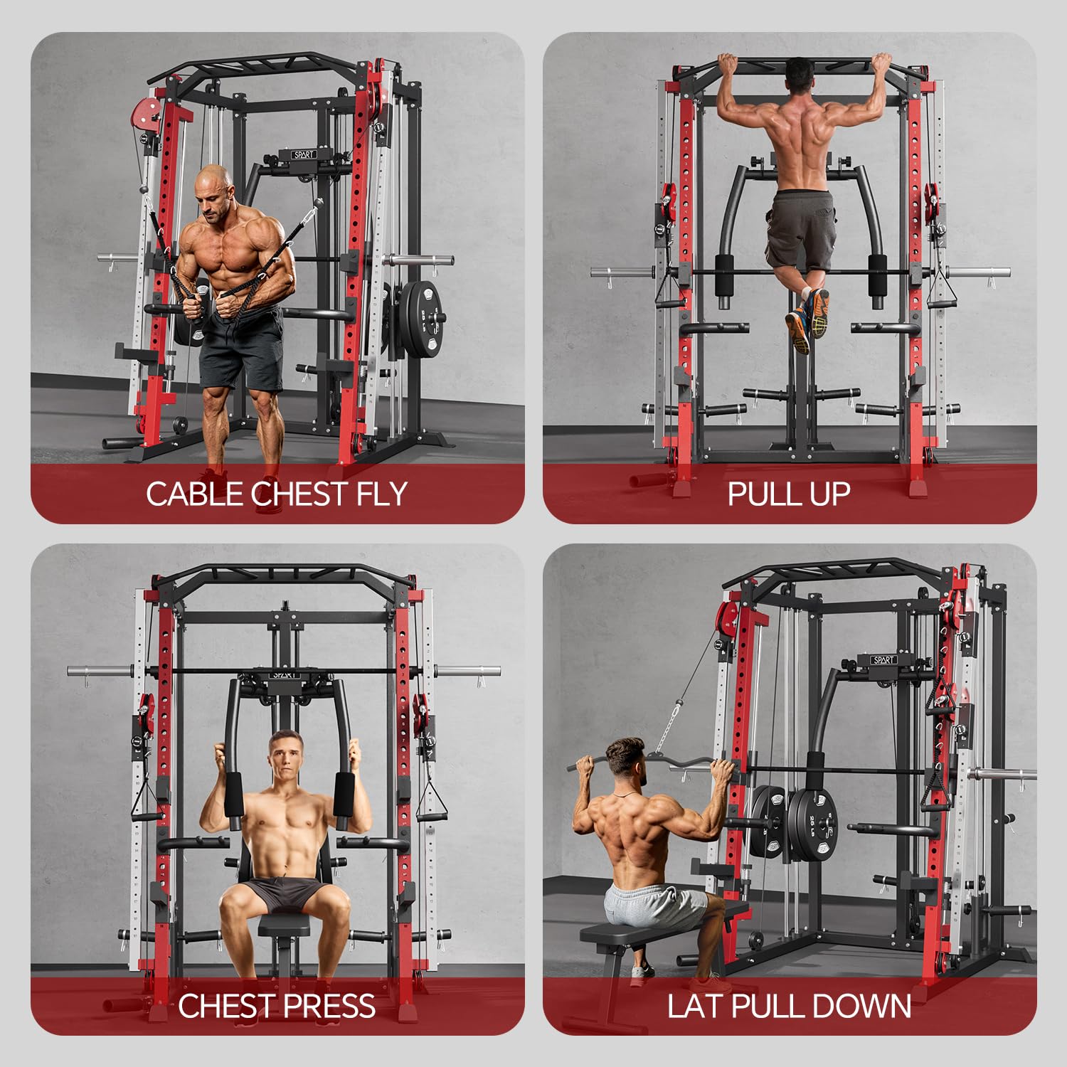 SPART Workout Station Angled Smith Machine with Bench,Cage System-Home Gym Multifunction Rack,Workout Equipment with Smith Bar, LAT Pull-Down Systems, Cable Crossover Machine and Cable Attachment