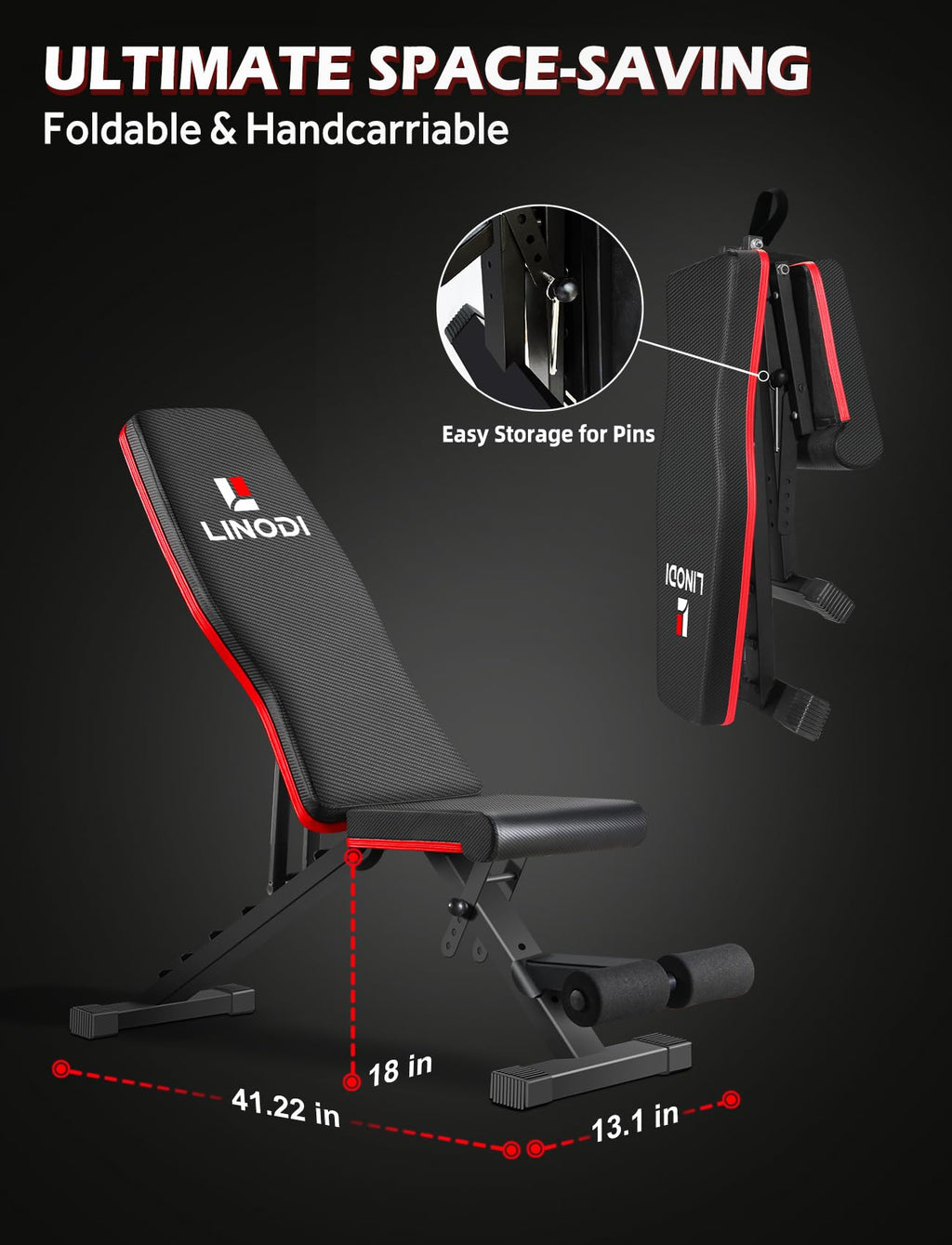 LINODI Adjustable Weight Bench for Home Gym，Foldable Incline Decline Flat Workout Bench for Full Body Strength Training, Dumbbell Press & Ab Exercises