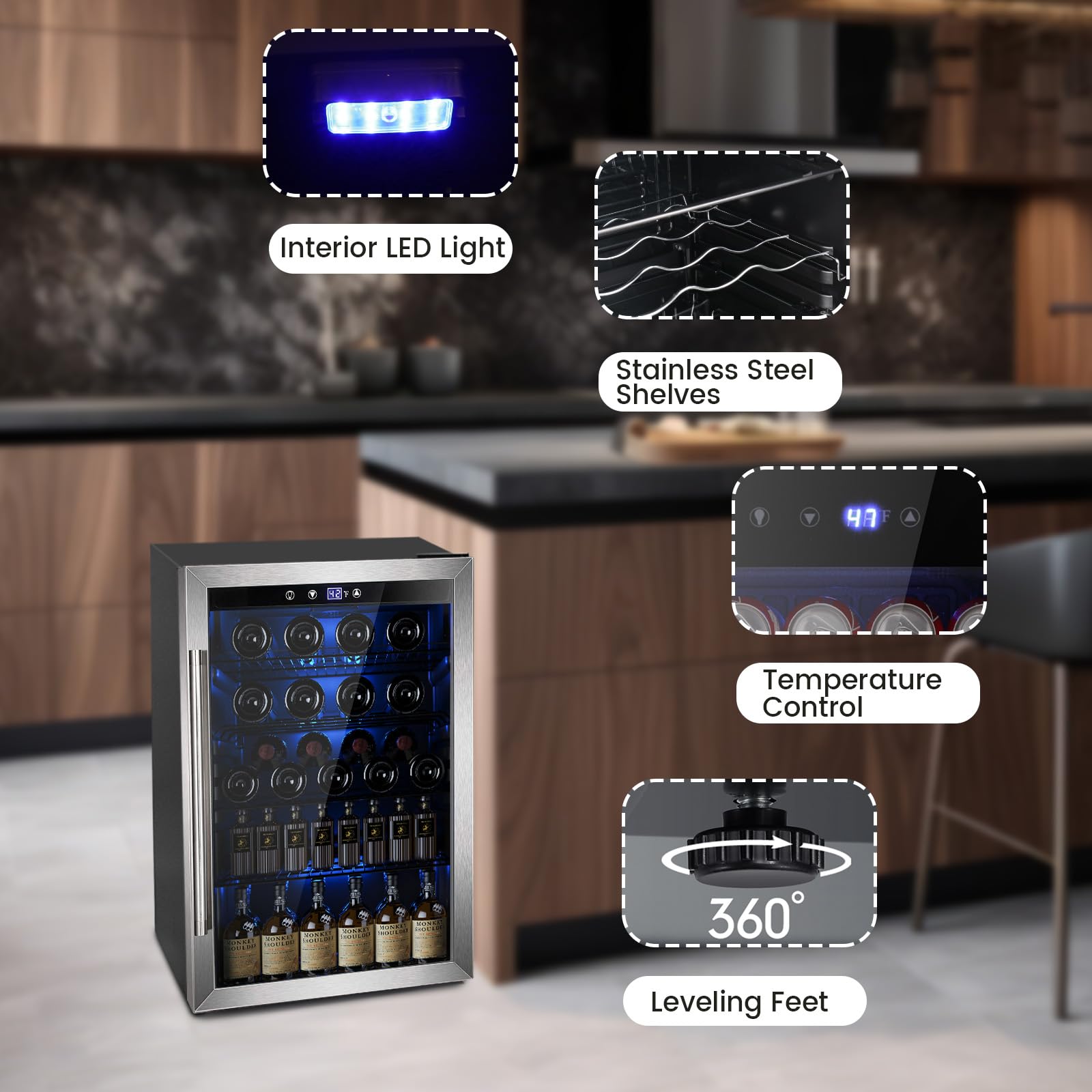 Electactic 50 Cans Beverage Refrigerator Cooler, 1.3 Cu.ft Mini Fridge Countertop Drink Cooler with Glass Door for Beer, Soda,Wine, Adjustable Digital Temperature Control for Home Dorm Bar, Black