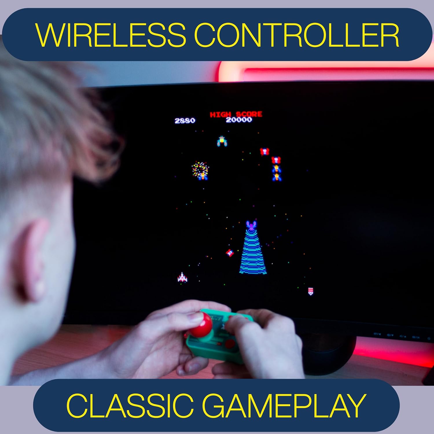 Galaga Plug & Play HDMI Arcade Console with TV Stick & Wireless Joystick – Classic Galaga Game On Your TV, Nostalgic Retro Gaming, Easy Setup, Ideal Gift for Gamers & Collectors.