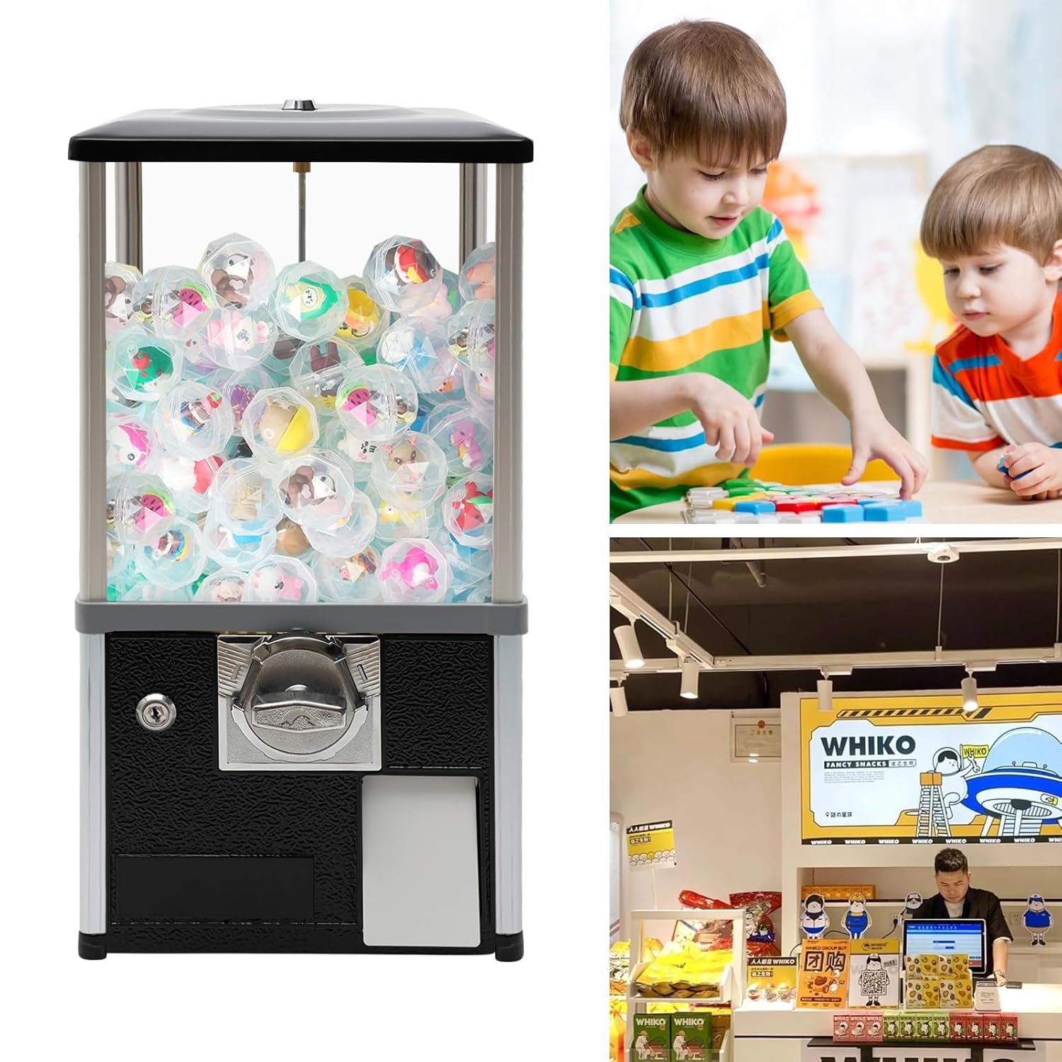 Freestanding Vending Machine,45-50mm Capsule Toys Small Vending Machine 4 * 25Cents Coin Gumball Machine Rectangle Bubble Gum Machine for Game Stores,Coin Operated Gumball Bank