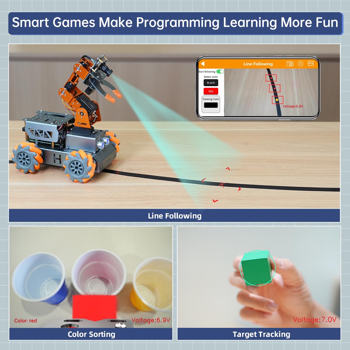 HIWONDER 5DOF AI Vision Robotic Arm Powered by Raspberry Pi Smart Robotic Arm Mecanum Wheel Chassis Robot Car Kit DIY Robot for Beginners, Without RPi