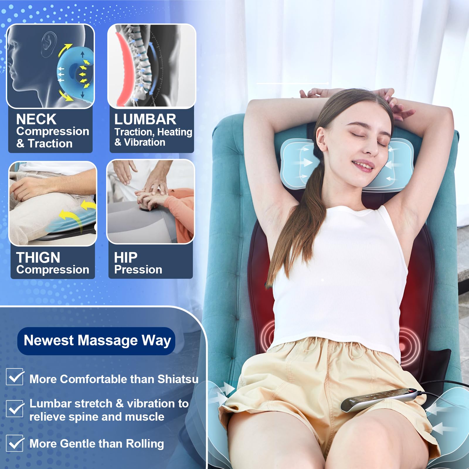 Back Massager with Heat & Traction & Vibration, Seat Massager Pad for Pain Relief Deep Tissue, Lumbar Traction, PU Leather, Foldable, for 5’ to 6’1”, Massage Chair Pad for Office Home