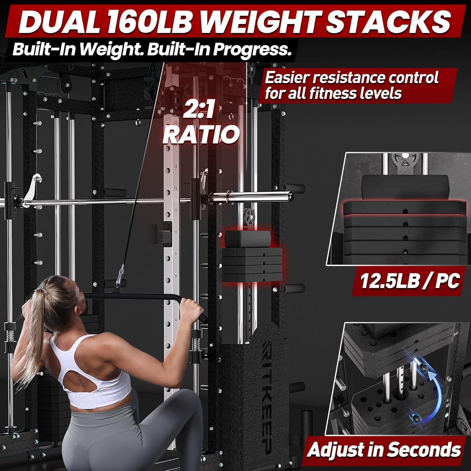 RitKeep PMAX-5600 Pro Heavy-Duty Smith Machine Squat Rack with 320 LB Weight Stacks, 6-in-1 Multi-Function Home Gym System, Dual Cable Crossover and 2000 LB Capacity for Full-Body Strength Training