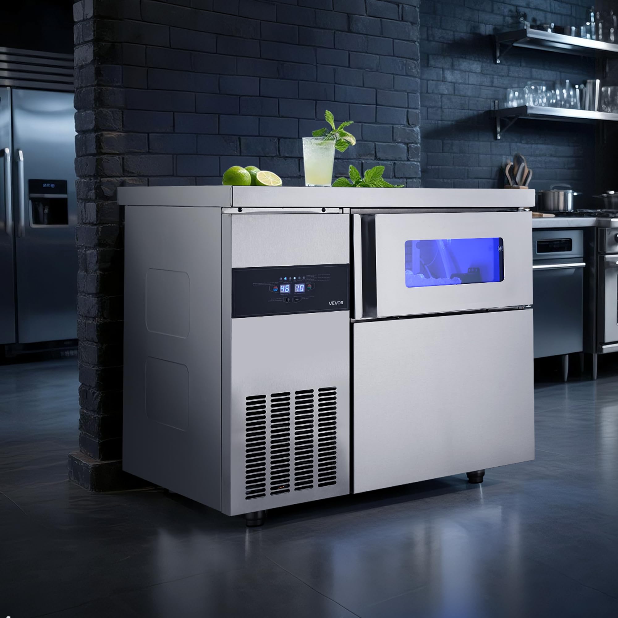 VEVOR Commercial Ice Maker Machine, 330 lbs/24H Stainless Steel Ice Machine with Worktop, 88 lbs Storage & 144 Cubes/Cycle, Self-Cleaning Freestanding Ice-Making for Home Bar Office Restaurant Kitchen