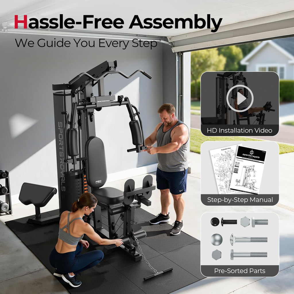 Sportsroyals Home Gym, Multifunctional Workout Station with Leg Press, 150LBS Weight Stack Full Body Workout Equipment for Home Exercise Fitness Strength Training