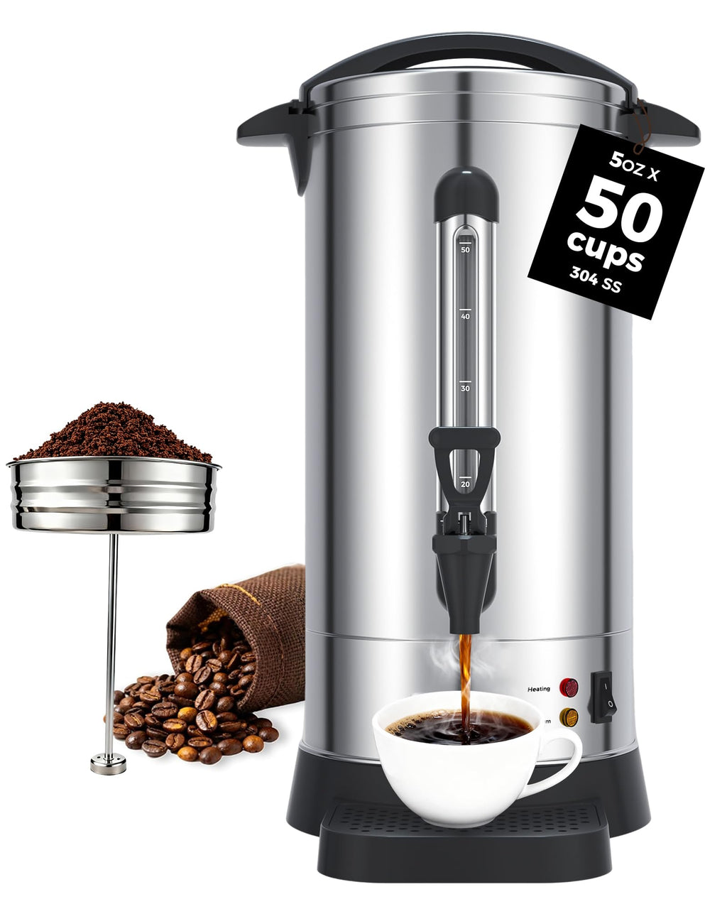 OSTBA 1500W Commercial Coffee Urn 100 Cup / 15L Large Percolator Coffee Pot, Double-Wall 304 Stainless Steel Hot Water Dispenser, Fast Brewing Electric Coffee Maker for Catering, Parties, Offices