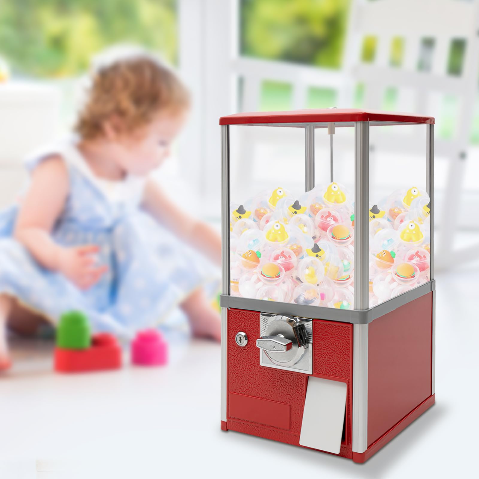 25 Cents Coin Operated Vending Machine, Capsule Vending Machine for Kids, Commercial Toy Vendor with Key Lock, Bubble Gum Ball Dispenser for Arcades Retail Stores, 1.77-1.97in Toys (Green)