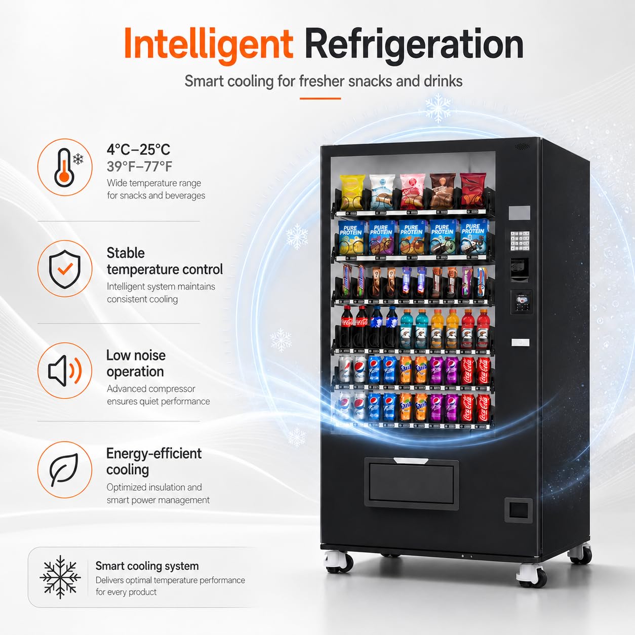 60 Slot Vending Machines for Business, Refrigerated Snack Drink Vending Machine, Commercial Smart Combo Vending Machine with Bill and Coin, Card Reader