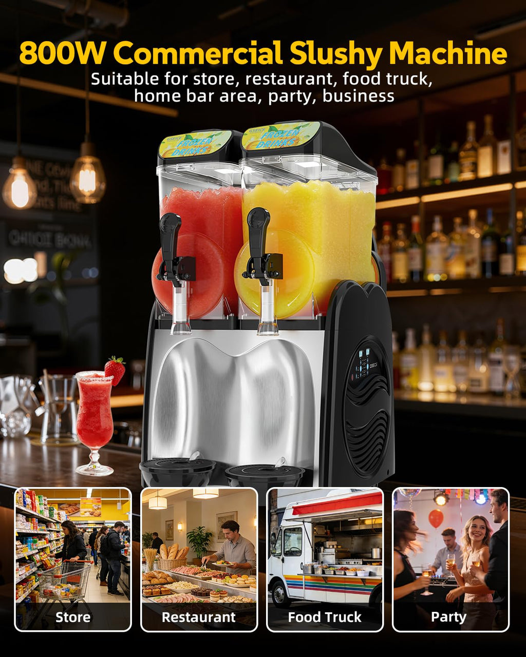 30L Commercial Slushie Machine, 2 Tank Margarita Machine, 80 Grande Cups Slushy Machine with Auto Clean, 8 Gal LED Frozen Drink Machine for Business, Mobile Bar, Party, Restaurant, 800W Fast Cooling