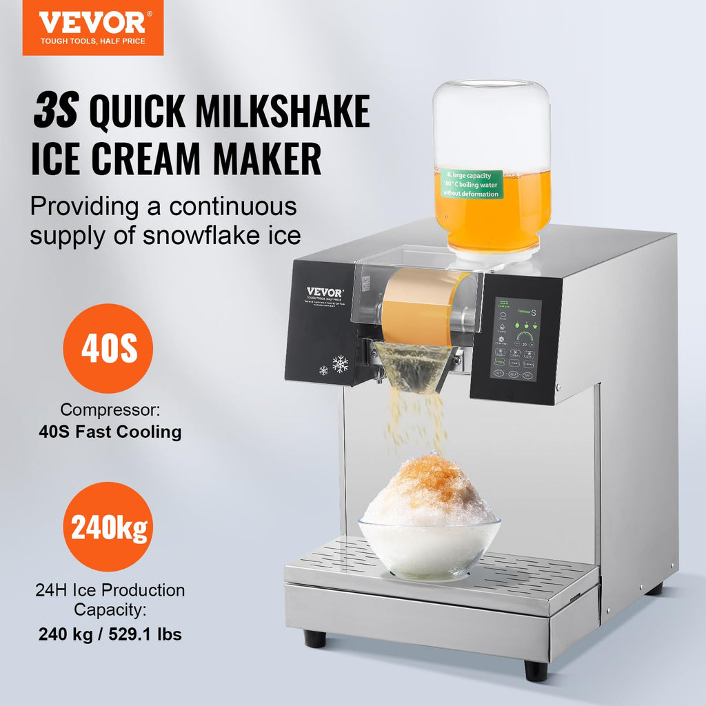 VEVOR Commercial Snowflake Ice Machine, 397LBS/24H Snowflake Ice Maker, Stainless Steel Ice Shaver Machine, Electric Snow Cone Maker, Liquid Cooling System for Rapid Heat Dissipation, Ice Cream