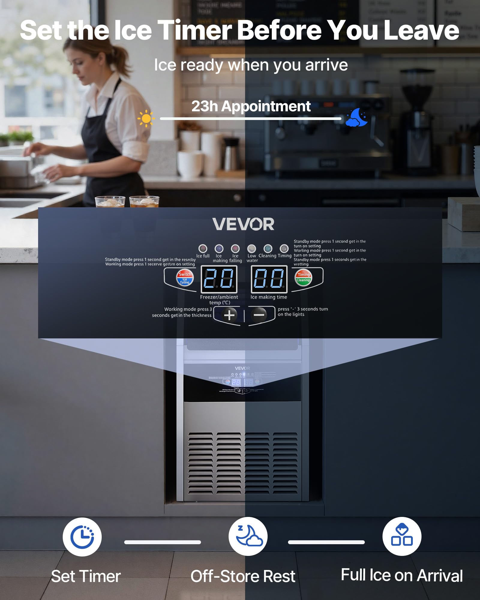 VEVOR Commercial Ice Maker Machine, 100 lbs/24h with 30-35 lbs Storage, Bullet Ice,Built-in/Freestanding/Under Counter, Stainless Steel Ice Maker with LED Display for Home Bar Restaurant