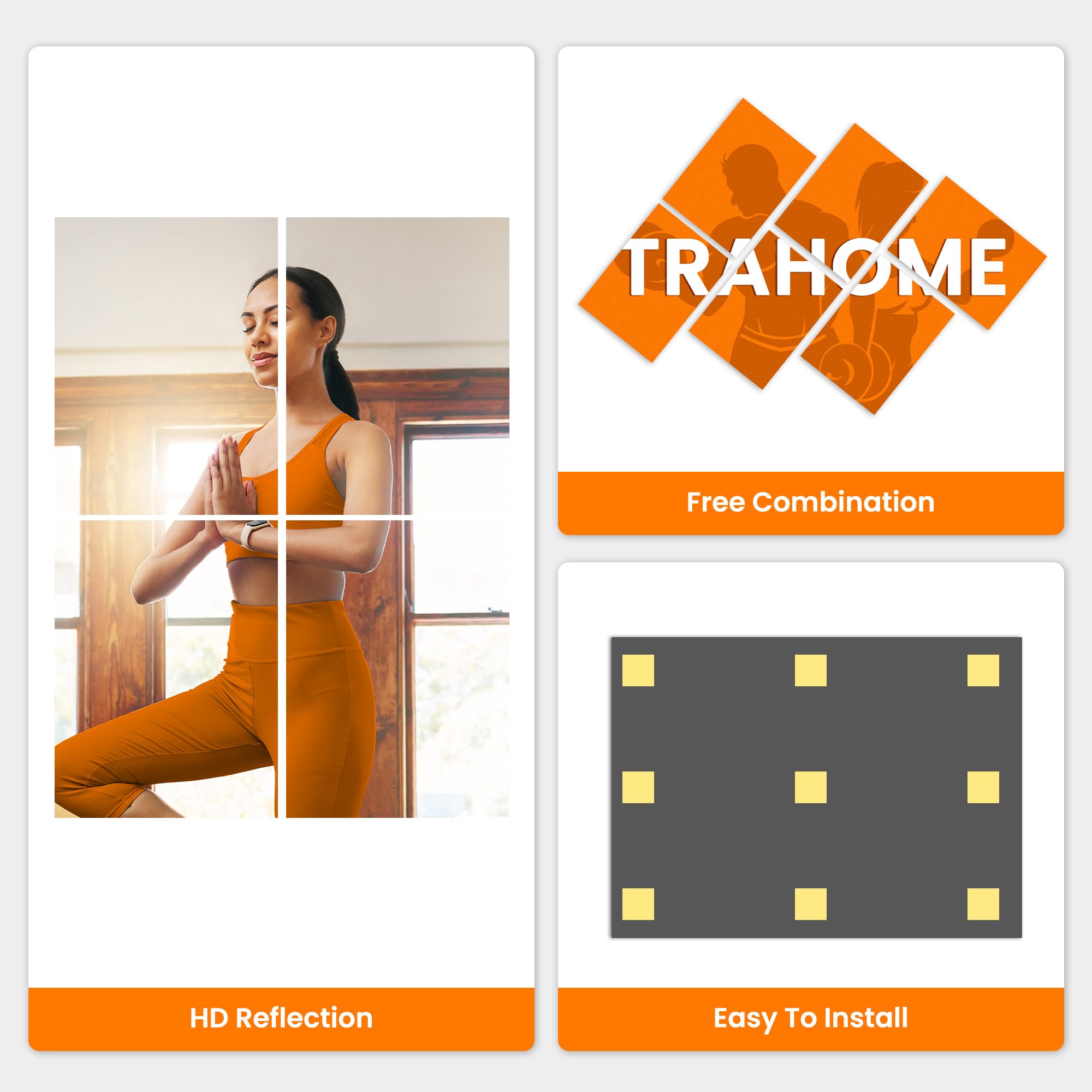 TRAHOME Wall Mirror Tiles, 16"x12"x12PCS Full Length Home Gym Mirror for Garage, Bedroom, Living Room, Over The Door