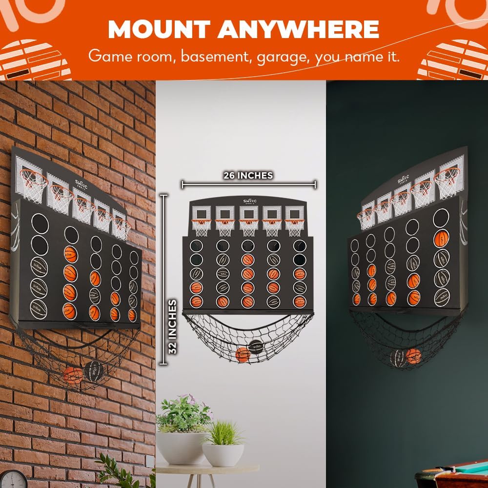 Swooc Games - Low Post Lineup™ | Wall Mounted Giant Basketball 4 In A Row w/ 5+ Games | Basketball Hoop For Room Wall Games | Game Room Games | Mini Basketball Hoop Indoor Connect | Four In A Row Game