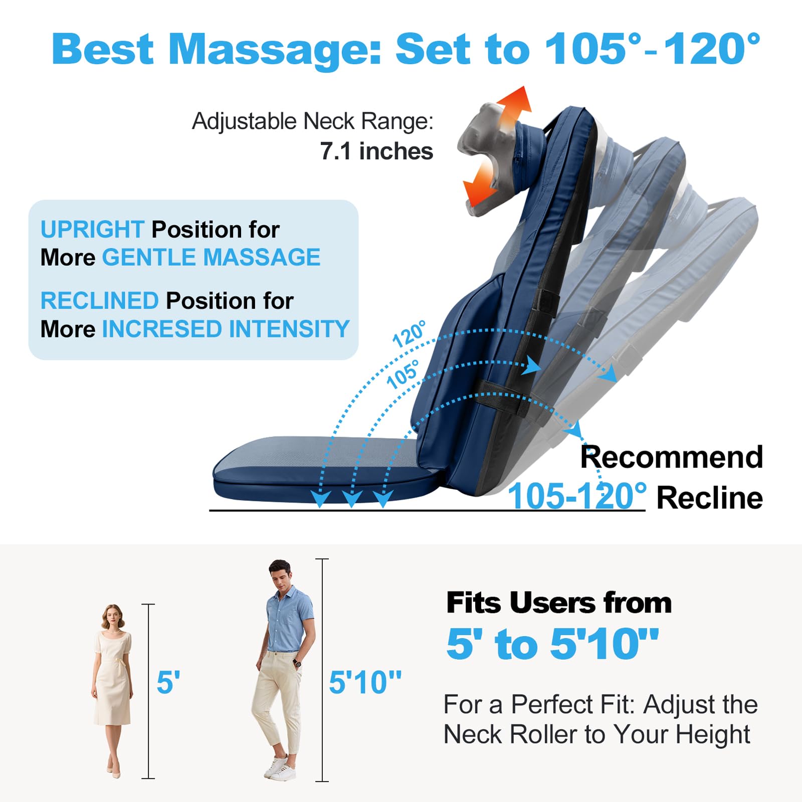 Shiatsu Neck Back Massage Cushion with Heat - 4D Kneading Massager w/Vibration, Dual-Neck Design, Adjustable Intensity/Height, Ease Muscle Tightness from Long Sitting, for Office, Home, Blue