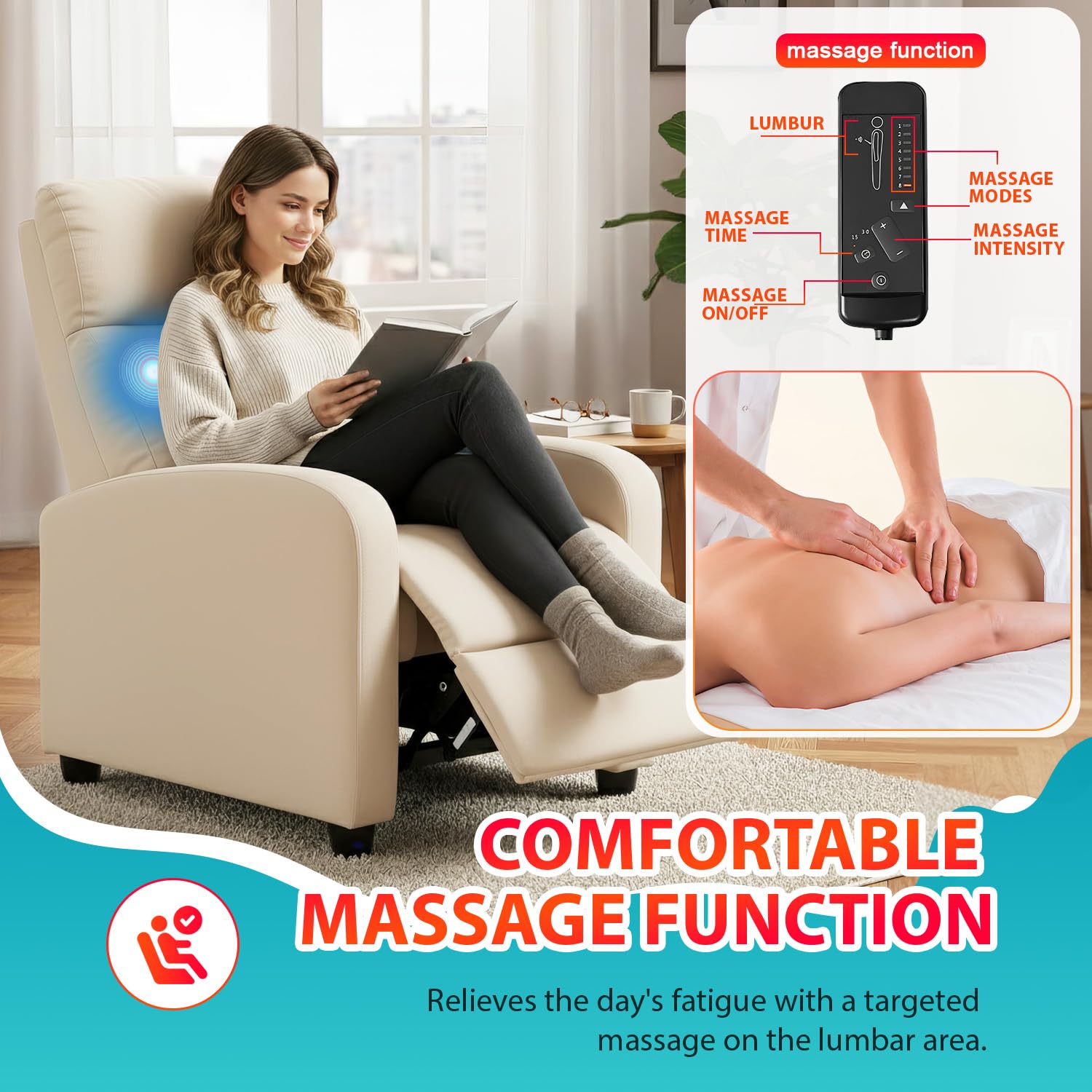 BestMassage | Recliner Chair | with 2 Point Massage Function | Pu Brown | with Lumbar Support, Adjustable Push Back, Footrest & Padded Seat | Easy Assembly | for Living Room, Home Theatre