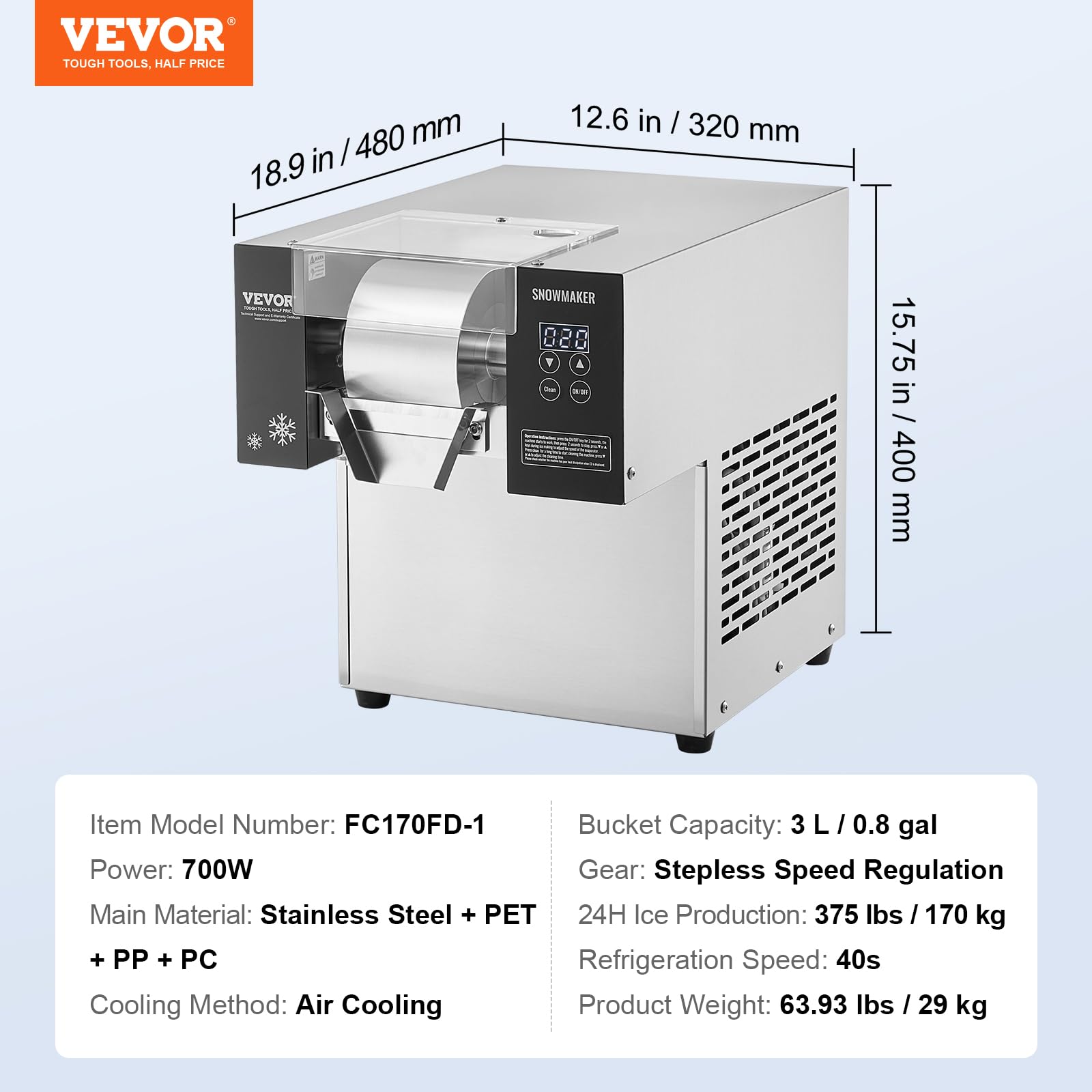 VEVOR Commercial Snowflake Ice Machine, 397LBS/24H Snowflake Ice Maker, Stainless Steel Ice Shaver Machine, Electric Snow Cone Maker, Liquid Cooling System for Rapid Heat Dissipation, Ice Cream