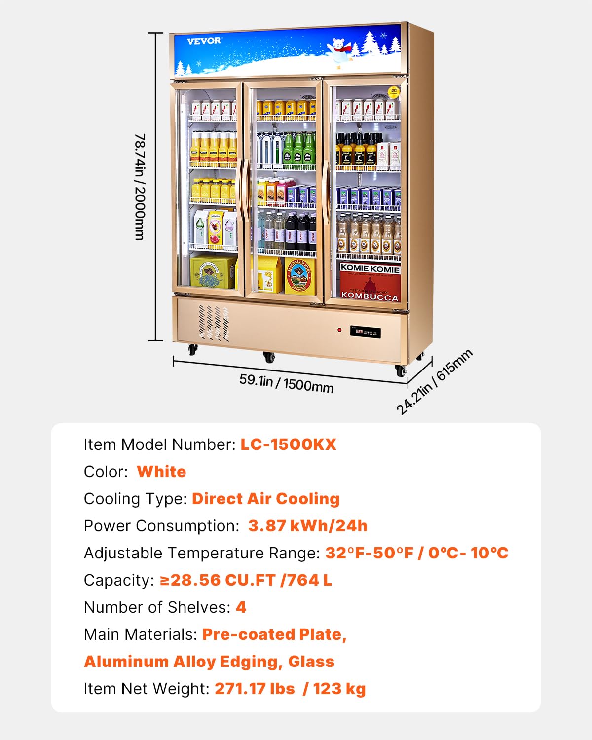 VEVOR Commercial Merchandiser Refrigerator 2 Glass Doors, 23 Cubic Ft, Upright Display Beverage Cooler 79" Tall x 39.4" Width, Fridge with LED Lighting for Drink Wine Soda, Gold