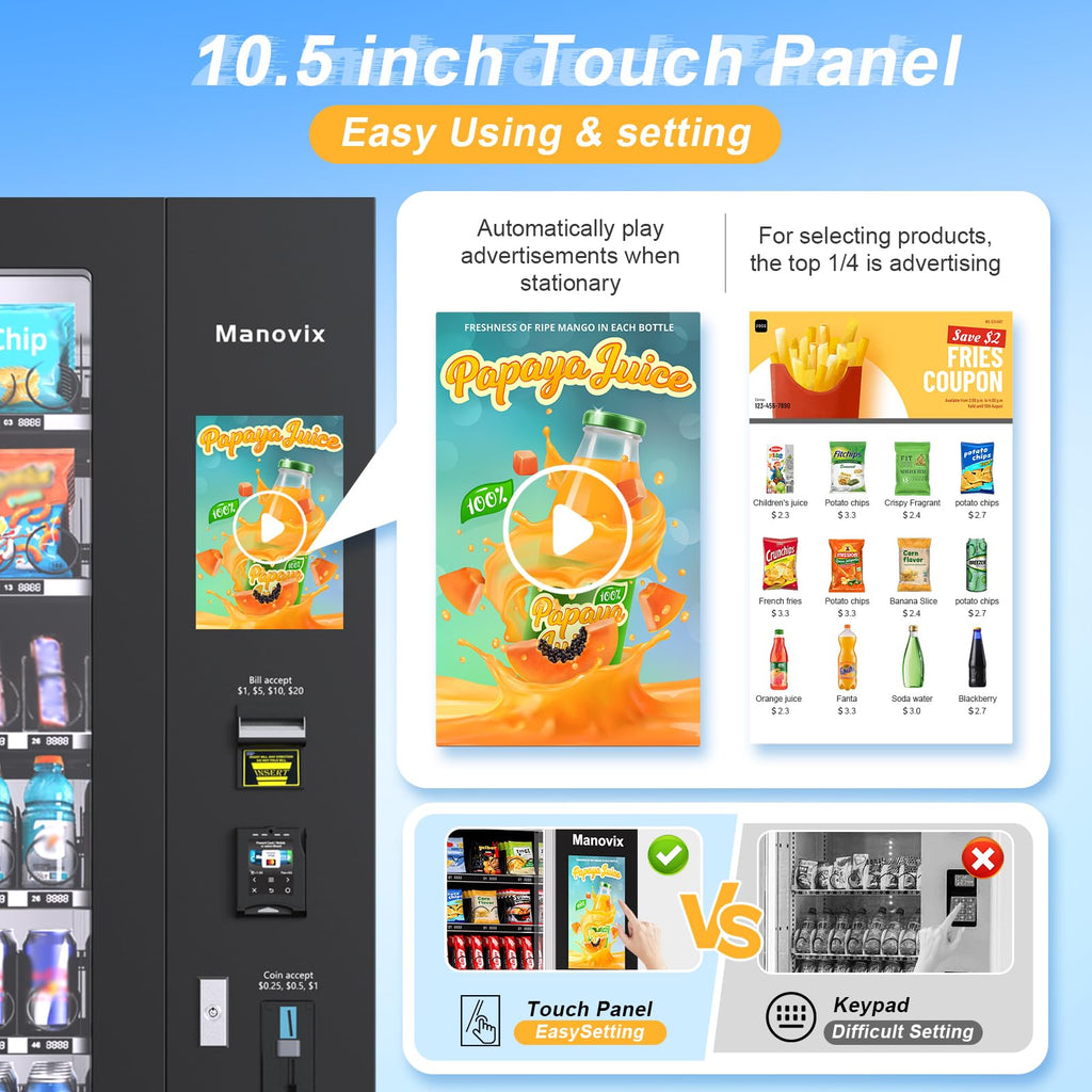 Beverage Snack Combo Commercial Vending Machine for Business with Credit Card Reader & Bill and Coin Acceptor Refrigerated Cold Drink soda with Temp Control Touch Screen