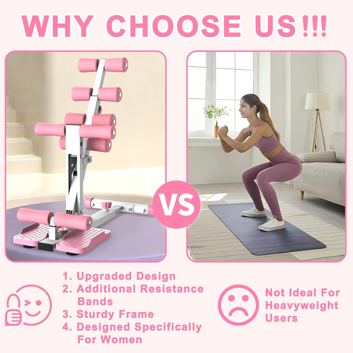 KINMAC Deep Squat Machine for Home-Glutes Trainer Machine with Resistance Bands Squat Assist Trainer for Core & Legs Workout Ideal for Home Gym, Apartment & Office-White Pink