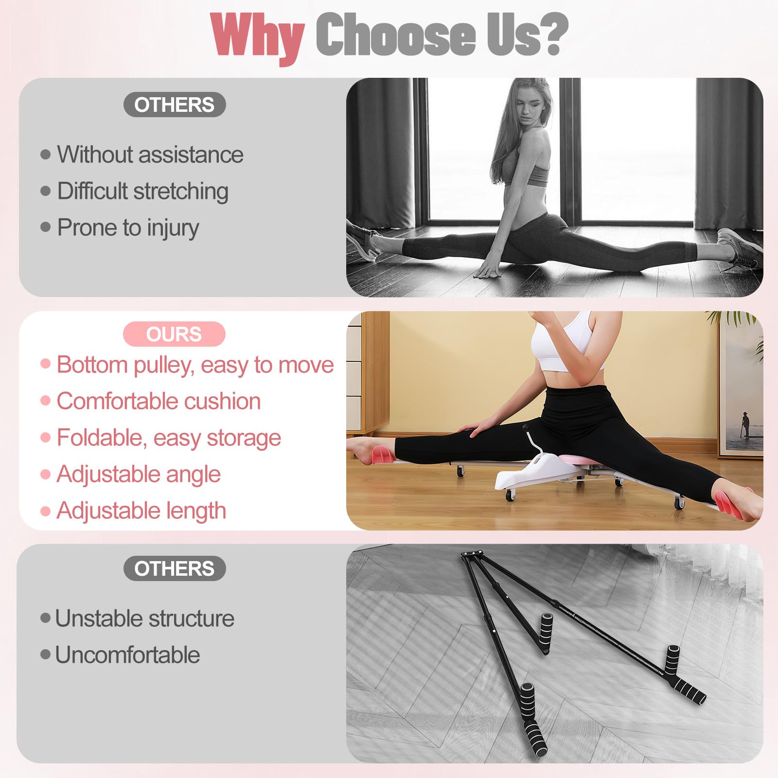 Leg Stretcher Split Machine with Backrest, Adjustable 0-190° Splits Trainer for Flexibility, 330lb Capacity Stretching Equipment for Ballet Yoga Dance Gymnastics, Home Gym Fitness Equipment