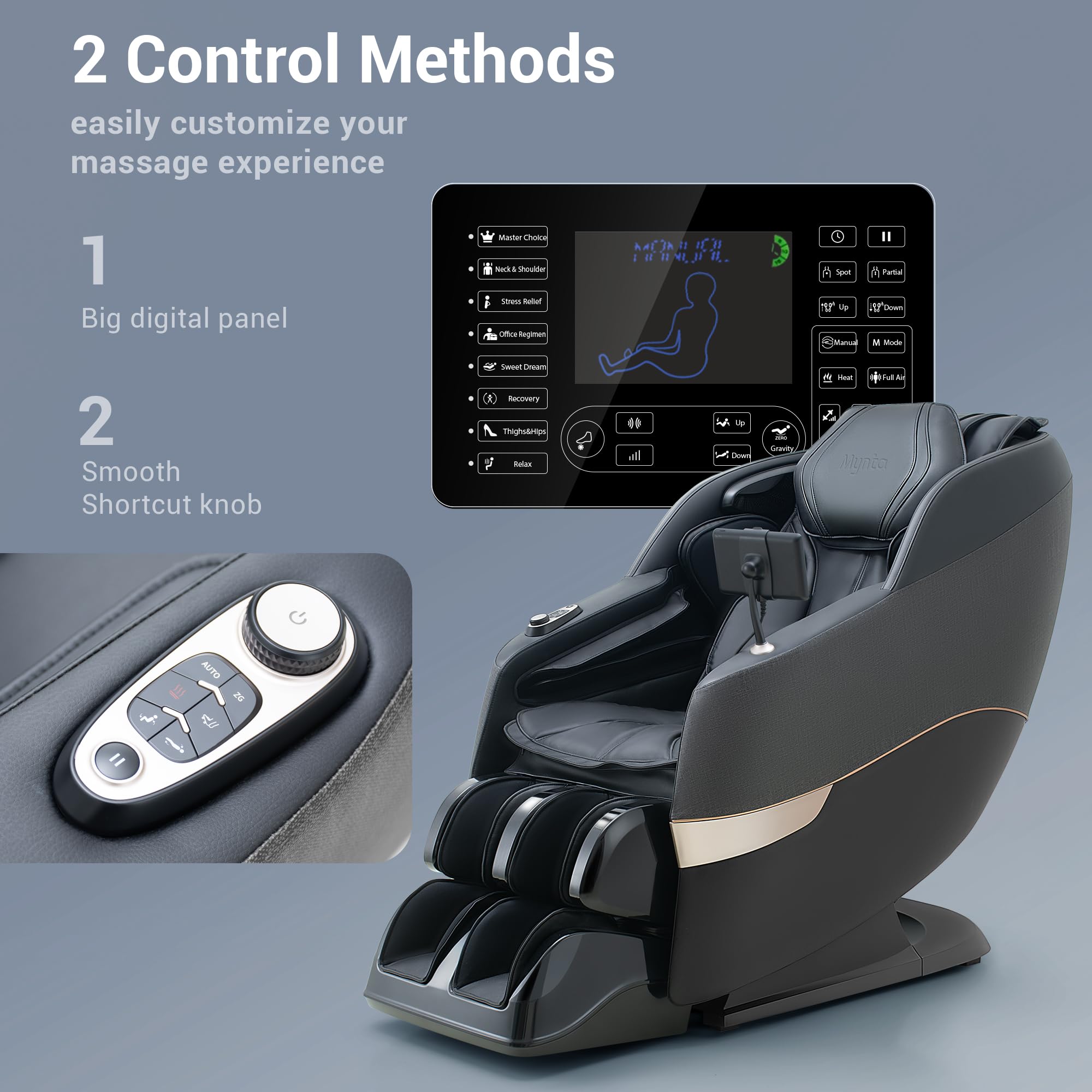 MYNTA Massage Chair Full Body, 170° Flexible SL Track Shiatsu 3D Massage Chairs with Zero Gravity, Bluetooth Speaker, Airbags & Heating, MC1650(Grey)