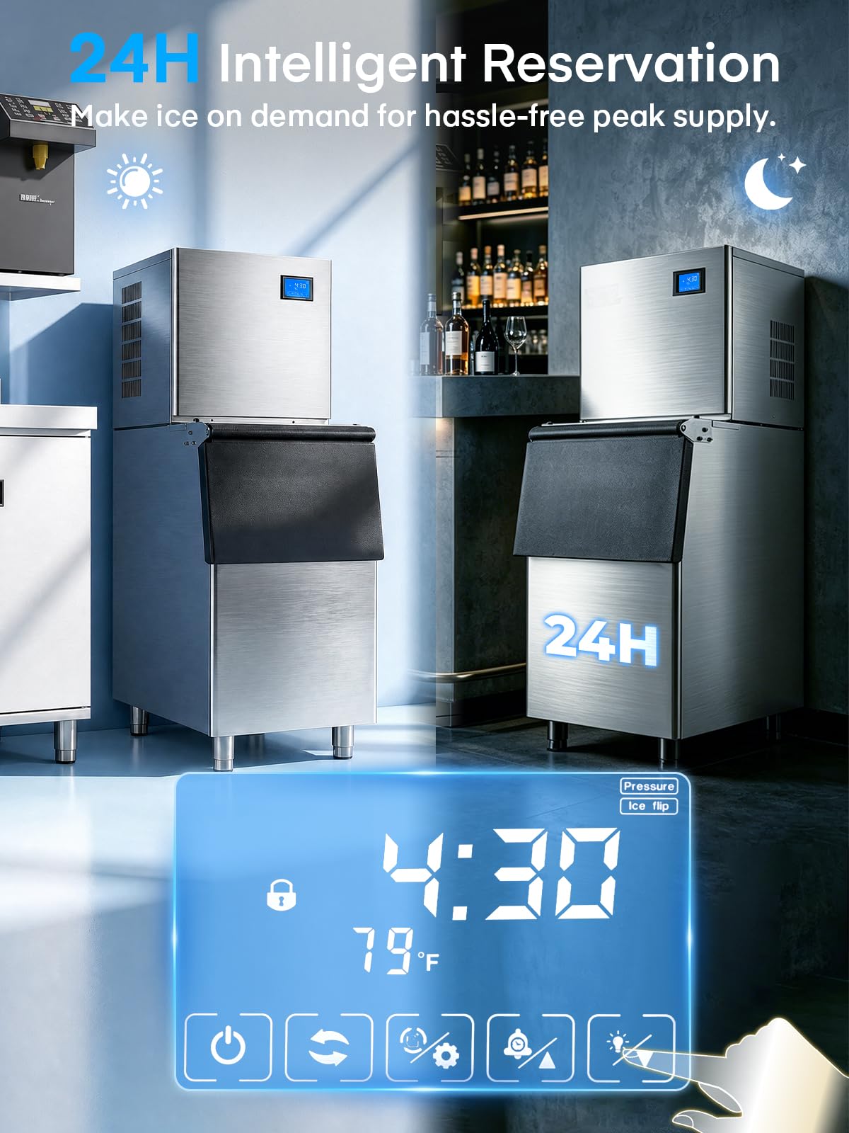 Commercial Ice Maker Machine 380LBS/24H, 250LBS Stainless Steel Storage Bin, 132 Ice Cubes in 8-15min, Self-Cleaning, Air Cooled Ice Machine with Touchscreen for Bar Business Restaurant Cafe (380 lbs)