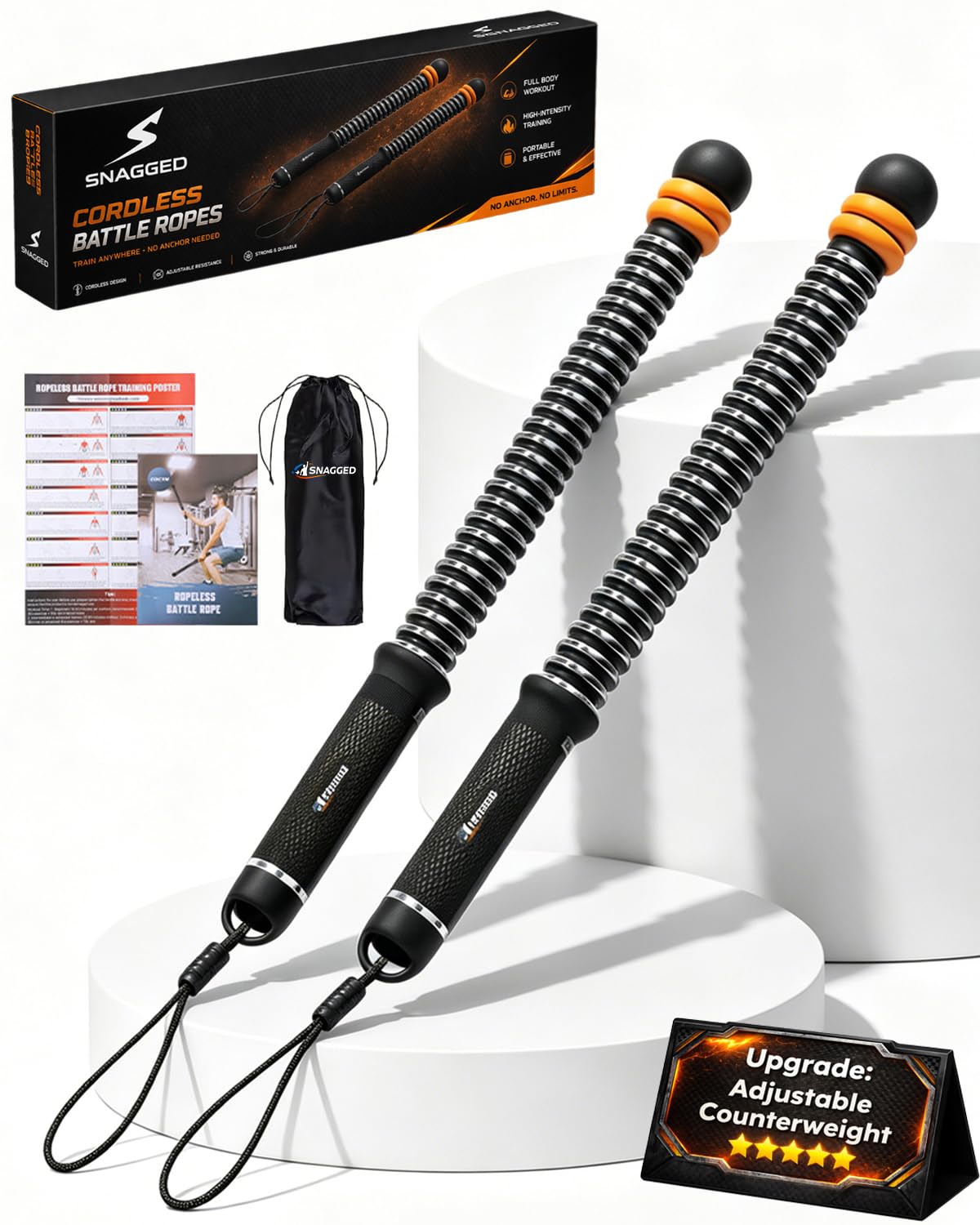 Ropeless Cordless Portable Battle Ropes for Home Gym,Adjustable Weight Z-Rope,Workout Equipment Weighted,Exercise Strength Training,No Endless Jump Rooes,Fitness Working Flex Springs Sticks(Black)