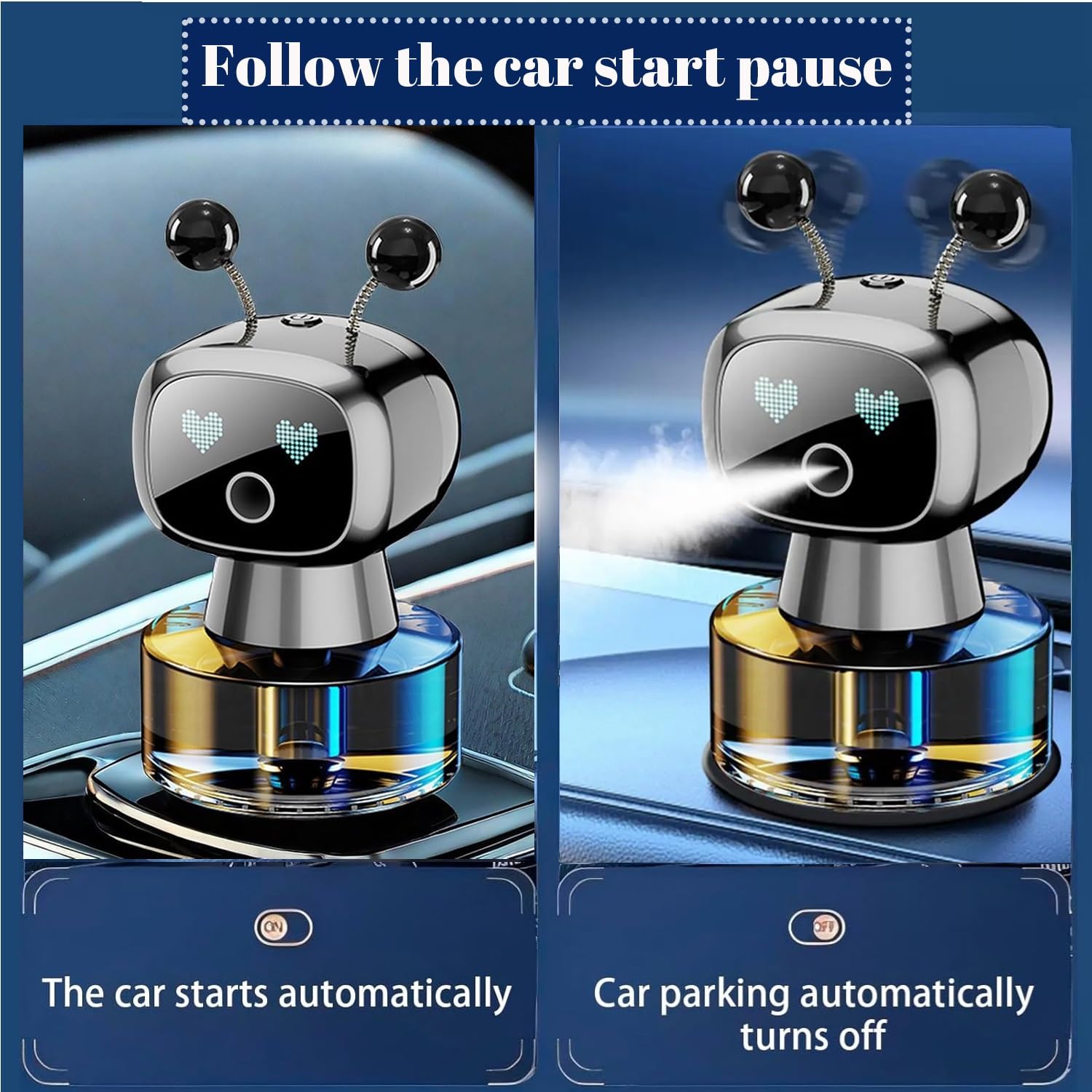Robot Intelligent Aromatherapy Machine, Smart Cute Robot Car Air Freshener - Fine Spray/Fillable/Four-Gear Adjustment/Vibration Sensing/On-Off/Large Capacity Long-Lasting Fragrance/Black-V2(Cologne)