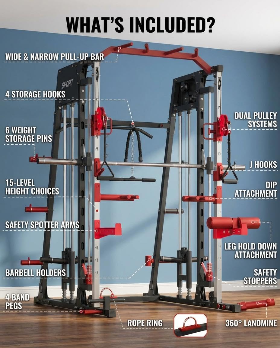 Smith Machine Home Gym, 2200LB Power Cage with Dual Pulley Cable Systems, LAT Pull-Down, Leg Hold-Down & 20+ Attachments for Full Body Workouts