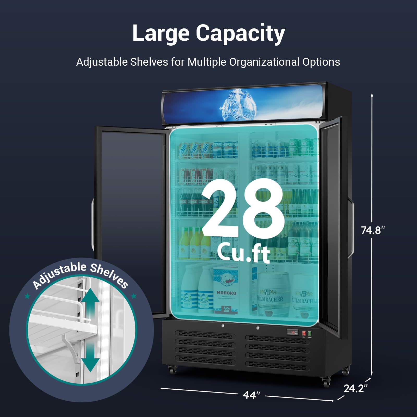 ETL & DOE Certified Commercial Beverage Refrigerator 14.8 Cu Ft, Commercial Display Fridge with Glass Door, Upright Merchandiser Refrigerator Cooler with Front LED Light for Stores, Restaurant, Office