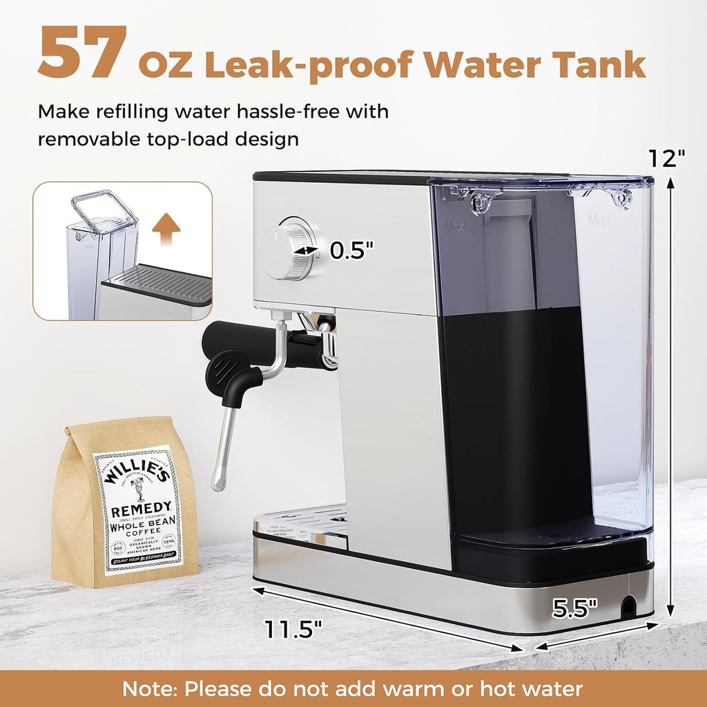 COSTWAY Espresso Machine 20 Bar, Compact Stainless Steel Coffee Maker with Milk Frother, 57OZ Removable Water Tank and Hot Water Function for Late, Cappuccino and Cold Brew
