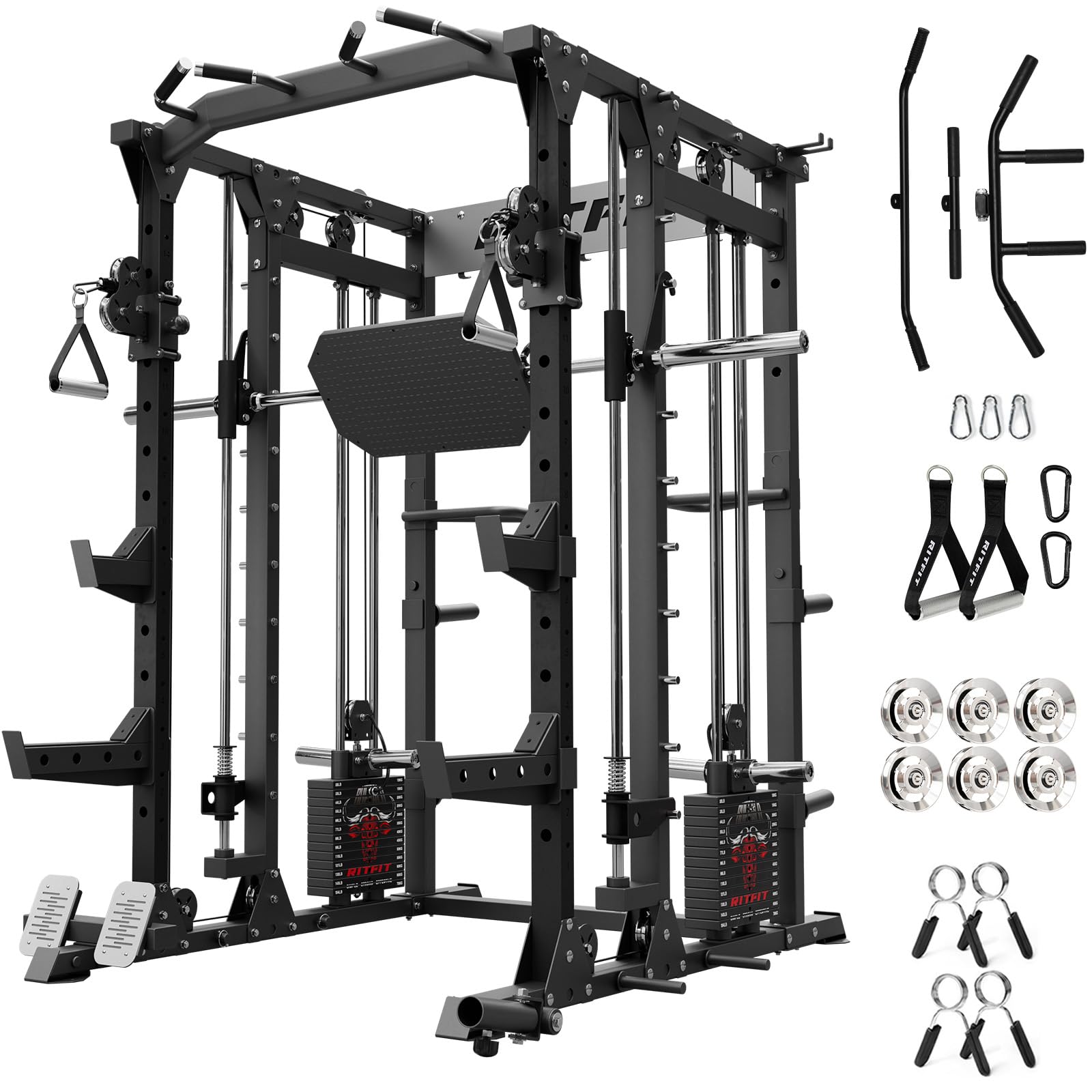 RitFit Buffalo Smith Machine Package, All-in-One Power Cage with Weight Stack , Power Rack with Cable Crossover & Leg Press Attachment for Home Gym