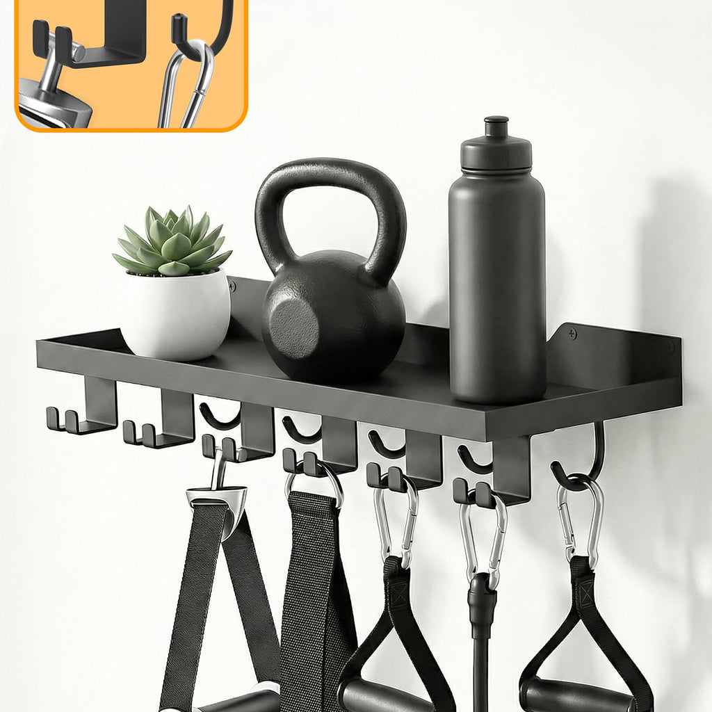 Floating Shelf Organizer Compatible with Tonal Accessories,16.9x6Home Gym Weight wall Storage Equipment Hanger, Metal Rack Holder Wall Mount with 5 T-Lock Brackets & Hooks Hanger (Black)